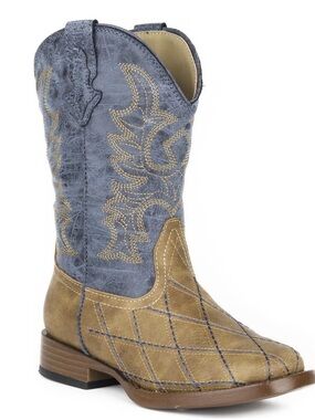 Roper Boys Cross Cut Western Boots Size 3 Two-Tone Navy Tan Square Toe